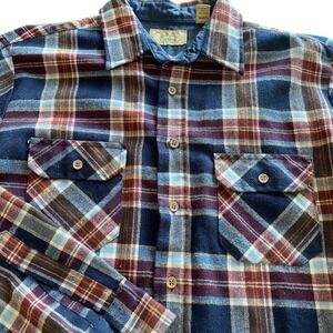 Vintage Sears Flannel Mens Tall Large Plaid Button Down Shirt Navy 80s acrylic
